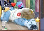 anthro blue_body blue_fur clothed clothing diaper feces full_diaper fur hair looking_at_viewer looking_back lying male on_front soiled soiled_diaper solo text tongue unclean_diaper used_diaper wearing_diaper oversheep bluey_(series) bandit_heeler canid canine canis domestic_dog mammal digital_media_(artwork) english_text hi_res
