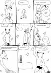 anthro awkward clothing dancing dialogue duo fur male music musical_note musical_symbol simple_background smile spandex speech_bubble striptease symbol text tight_clothing wardrobe_malfunction white_background bernielover disney zootopia judy_hopps nick_wilde canid canine fox lagomorph leporid mammal rabbit red_fox true_fox comic english_text hi_res monochrome