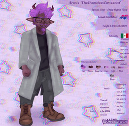 anthro bisexual_pride_colors black_clothing black_shirt black_topwear boots bottomwear brown_boots brown_clothing brown_footwear cheek_tuft chest_tuft clothed clothing coat curly_hair eyebrows eyewear facial_hair facial_tuft fangs footwear fully_clothed glasses glitch goat_ears goatee grey_bottomwear grey_clothing grey_pants grey_raincoat hair happy horizontal_pupils horn information information_board jewelry lgbt_pride lights male mexico pants pride_colors pupils purple_eyes purple_hair raincoat ring shadow shirt shoes smile solo star teeth text topwear tuft brunisdraws brunis_(brunisdraws) bovid caprine hybrid mammal sheep-goat absurd_res colored english_text full-length_portrait hi_res model_sheet portrait shaded signature