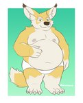 anthro blue_eyes clothing fur male moobs multicolored_body multicolored_fur overweight overweight_male shirtless short short_male solo underwear white_body white_fur yellow_body yellow_fur harushipanda canid canine fennec_fox fox mammal true_fox absurd_res hi_res