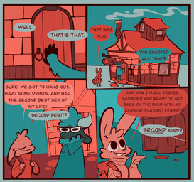 anthro backpack blue_border border dialogue duo female fur gesture hand_gesture male pointing tavern text wool_(fur) vanilla_candy unicorn_blood_(comic) saffron_(unicorn_blood) tulip_(unicorn_blood) bovid caprine lagomorph mammal sheep comic english_text hi_res restricted_palette