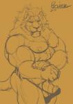 anthro biceps big_muscles brown_background claws clothed clothing erection flexing front_view genitals looking_at_viewer male mane muscular muscular_anthro muscular_male nipples pecs penile_spines penis pose simple_background solo standing tenting topless underwear vein veiny_penis whiskers raivenderouthelion felid lion mammal pantherine 2016 digital_drawing_(artwork) digital_media_(artwork) half-length_portrait hi_res monochrome portrait sepia signature sketch