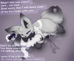 2_tails animal_genitalia bodily_fluids bow_tie bow_tie_only dialogue dirty_talk feral flaccid food fur genital_fluids genitals grey_body grey_fur heart_symbol leg_markings lying male markings mostly_nude multi_tail musk neck_tuft neck_tuft_bow nude one_eye_closed penis penis_tip popsicle precum precum_squirt purple_eyes ribbons_(anatomy) sheath smile socks_(marking) solo sound_effects tail talking_to_viewer text tuft white_body white_fur hojiart nintendo pokemon hoji_(hojiart) eeveelution generation_6_pokemon ghost pokemon_(species) spirit sylveon 2025 artist_name digital_drawing_(artwork) digital_media_(artwork) english_description english_text hi_res