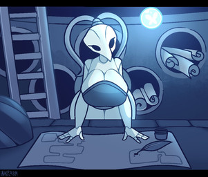antennae_(anatomy) anthro big_breasts breasts detailed_background exoskeleton female ladder loose_feather map mouthless non-mammal_breasts quill solo thick_thighs white_body white_exoskeleton conditional_dnp welwraith hollow_knight_(franchise) team_cherry iselda_(hollow_knight) arthropod insect 2021 signature