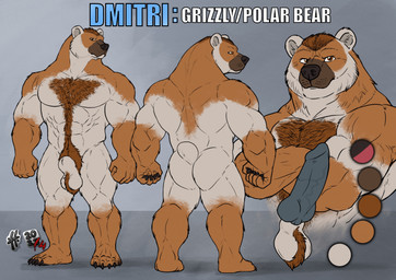 abs animal_genitalia anthro balls belly_hair body_hair brown_body brown_eyes brown_fur brown_hair chest_hair color_swatch crossed_arms front_view fully_sheathed fur genitals glistening glistening_eyes hair male male_anthro mouth_closed muscular muscular_anthro muscular_male nude pecs pubes rear_view sheath short_hair simple_background solo standing white_balls white_body white_fur white_sheath hufnaar dmitri_yetsin_(fenrir_garou) bear mammal 2024 dated hi_res model_sheet