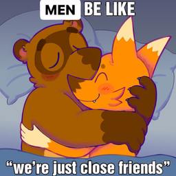 anthro bed blush brown_body brown_fur cuddling duo eyes_closed fur furniture male male/male orange_body orange_fur superbellsubs animal_crossing nintendo crazy_redd tom_nook_(animal_crossing) canid canine fox mammal raccoon_dog tanuki hi_res