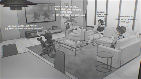anthro big_breasts biped birthday blush blush_lines bottomwear breasts butt clothed clothing detailed_background dialogue electronics female furniture gaming group inside on_sofa playing_video_game sitting sitting_on_ground sitting_on_sofa sofa television text topwear sincrescent hush_(demivo) zock canid canine mammal 16:9 english_text hi_res widescreen