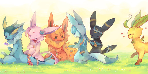 ambiguous_gender blue_body blue_skin blush feral flower fur grass group open_mouth plant smile tail yellow_body yellow_fur amaneko nintendo pokemon canid eeveelution espeon flareon generation_1_pokemon generation_2_pokemon generation_4_pokemon generation_6_pokemon glaceon jolteon leafeon mammal pokemon_(species) sylveon umbreon vaporeon 2015 digital_media_(artwork) hi_res long_image wide_image