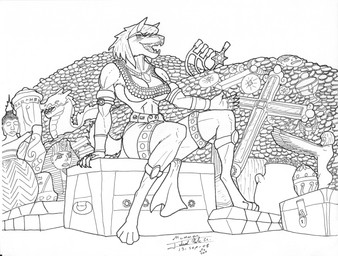 abs anthro big_breasts breasts claws coin fangs female gem gold_(metal) gold_jewelry jewelry muscular muscular_anthro muscular_female religion solo teeth treasure jorge_nestor canid canine canis mammal wolf absurd_res hi_res monochrome