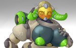 areola big_breasts blush breasts female hand_on_breast horn huge_breasts machine metal metallic_body multicolored_body nipples solo thiccrobots blizzard_entertainment overwatch orisa_(overwatch) omnic robot taur hi_res