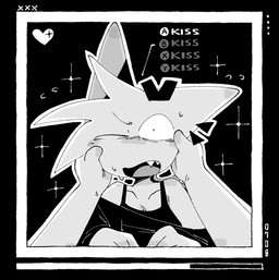 ambiguous_gender anthro biped duo ear_piercing flustered gameplay_mechanics holding_face kissing one_eye_closed piercing shocked yotsuba00000 felid mammal hi_res monochrome