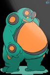 ambiguous_gender green_body obese obese_ambiguous orange_eyes overweight overweight_ambiguous simple_background solo thick_thighs blueblu nintendo pokemon amphibian frog generation_5_pokemon pokemon_(species) seismitoad shiny_pokemon 2020 alpha_channel hi_res