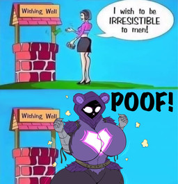 5_fingers anthro belt big_breasts breasts clothing dialogue eyebrows female female_anthro female_human fingers footwear fur high_heels huge_breasts human_to_anthro money purple_body purple_fur raised_eyebrow shoes solo species_transformation text transformation wide_hips wishing_well nightlyflare epic_games fortnite i_wish_to_be_irresistible_to_men! raven_team_leader bear human mammal 2023 comic english_text hi_res