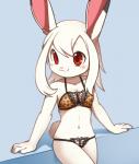 4_fingers anthro blush bra breasts butterfly_(accessory) clothing female fingers fur kemono lingerie looking_away navel red_eyes simple_background smile solo standing underwear white_body white_fur young young_anthro unrealplace wusagi_(unrealplace) arthropod butterfly insect lagomorph lepidopteran leporid mammal rabbit