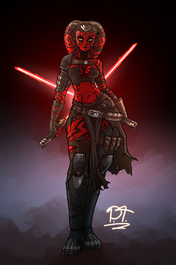 armor bandeau belt bottomwear breasts clothing dual_wielding eyebrows eyelashes female fingerless_gloves gloves handwear holding_object holding_weapon lekku_(anatomy) lightsaber loincloth melee_weapon midriff navel not_furry red_body red_lightsaber red_skin solo tattoo topwear torn_clothing weapon yellow_eyes jpt_arts star_wars darth_talon alien alien_humanoid humanoid twi'lek 2026 absurd_res alternate_version_at_source hi_res