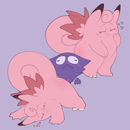 all_fours ambiguous_gender balls bedroom_eyes biped blush blush_lines bodily_fluids body_blush butt butt_blush derp_eyes feral flaccid floating_hands fur genitals grey_background group head_tuft imminent_sex looking_at_another looking_at_partner male narrowed_eyes nervous penis pink_body pink_butt pink_fur presenting presenting_hindquarters purple_balls purple_body purple_fur purple_penis seductive simple_background size_difference sweat sweatdrop tail trio tuft ariarik_o0 nintendo pokemon clefable generation_1_pokemon haunter pokemon_(species) 1:1 2026 digital_drawing_(artwork) digital_media_(artwork) english_description hi_res