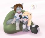 anthro ball_fondling balls blonde_hair blue_eyes bottomless brown_hair clothed clothing duo erection female fondling genitals hair male male/female nude open_mouth penis pussy simple_background white_background young young_anthro ketsa canid canine canis domestic_dog mammal procyonid raccoon hi_res