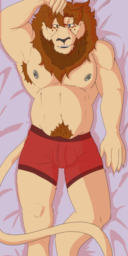 anthro armpit_hair barazoku barbell_piercing belly big_penis body_hair body_pillow bulge clothing dakimakura dakimakura_pillow facial_tuft freckled_face freckles fur genitals hair happy_trail heterochromia lying male musclegut muscular muscular_anthro muscular_male nipple_piercing nipples on_back pecs penis piercing pillow pube_peek pubes simple_background smile solo tail tail_tuft tuft underwear mirror_racoon andy_swallow animal_humanoid felid humanoid lion mammal pantherine absurd_res digital_media_(artwork) hi_res