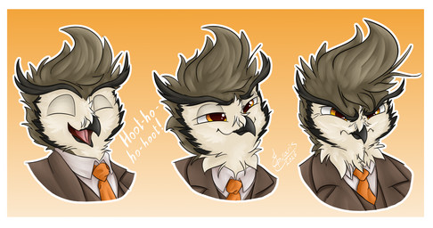 angry anthro arvis_emberquill beak border clothing expressions feathers laugh male orange_eyes suit suit_and_tie true white-faced white_border eiviaris avian bird owl true_owl white-faced_owl absurd_res hi_res