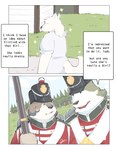 1800s anthro backpack british clothed clothing duo female forest fur gun male musket napoleonic plant ranged_weapon sky text tree united_kingdom weapon white_body white_fur callmetatsuo canid canine canis mammal wolf english_text hi_res