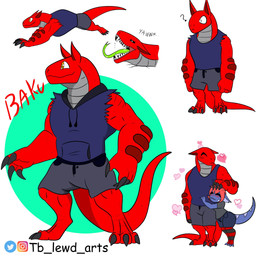 3_toes 4_fingers anthro bottomwear clothing duo feet female fingers heart_symbol jacket male red_body shorts solo tail toes tongue topwear yellow_eyes tibbs mythology baku_(tibbs) star_(tibbs) dragon mythological_creature mythological_scalie reptile scalie 1:1 hi_res model_sheet