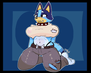 aged_up anthro big_breasts blush bottomwear breasts clothed clothing female fur simple_background solo tail thick_thighs topwear torn_clothing worried_face zaw bluey_(series) bluey_heeler canid canine canis domestic_dog mammal 5:4 hi_res