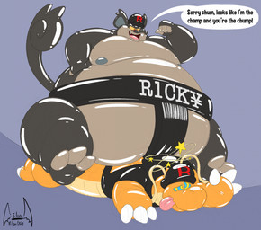 anthro circling_stars dialogue dizzy duo feet glistening glistening_body grey_body latex male obese orange_body overweight overweight_male pinned ringed_eyes simple_background sitting sitting_on_another smile smug sumo sumo_wrestling team_rubber_rocket tongue tongue_out toony soul-silver-dragon mythology nintendo pokemon team_rocket grunt_(pokemon) ricky_the_rattata rocket_grunt alolan_form alolan_rattata dragon dragonite generation_1_pokemon generation_7_pokemon mythological_creature mythological_scalie pokemon_(species) regional_form_(pokemon) scalie hi_res