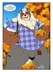 anthro border bottomwear brown_body clothing food fruit hat headgear headwear humanoid_hands male outside overweight overweight_male pants plant pumpkin shirt solo text topwear tree white_body white_border deadanthro lifewonders tokyo_afterschool_summoners kimun_kamui_(tas) bear mammal 2021 english_text hi_res