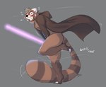 anthro barefoot blonde_hair blush brown_body brown_fur clothing covering covering_crotch feet fur hair lightsaber looking_at_viewer male markings melee_weapon mostly_nude multicolored_body multicolored_fur pink_lightsaber robe robe_only simple_background smile smiling_at_viewer solo striped_markings striped_tail stripes tail tail_markings text two_tone_body two_tone_fur weapon wind wind_lift minedoo star_wars minedoo_(character) ailurid mammal red_panda english_text hi_res