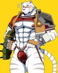 5_fingers abs anthro asian_clothing blush bulge claws clothed clothing east_asian_clothing fingers fundoshi fur japanese_clothing male markings muscular muscular_anthro muscular_male pecs simple_background solo striped_body striped_fur striped_markings striped_tail stripes tail tail_markings tuft underwear yellow_background bearlovestiger13 grimoire_of_zero mercenary_(grimoire_of_zero) felid mammal pantherine tiger 2018 hi_res