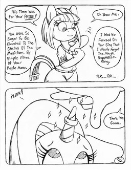 anthro bound clothed clothed_anthro clothed_female clothing dialogue duo eyelashes female fully_clothed fully_clothed_anthro fully_clothed_female horn horn_jewelry horn_ring inhibitor_ring jewelry magic_inhibitor magic_suppression ring ring_(jewelry) speech_bubble tail text unicorn_horn circe_(artist) friendship_is_magic hasbro my_little_pony mythology blue_nile_(mlp) rarity_(mlp) earth_pony equid equine horse mammal mythological_creature mythological_equine pony unicorn comic english_text monochrome