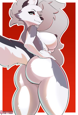 anthro breasts butt female nipples presenting presenting_hindquarters side_boob smug smug_face smug_grin solo standing avoid_posting seraphinetheyeen hellaverse helluva_boss mythology loona_(helluva_boss) canid canid_demon canine demon hellhound mammal mythological_canine mythological_creature absurd_res hi_res
