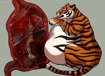 abdominal_bulge belly big_belly black_body black_fur duo feral feral_pred fur internal orange_body orange_fur organs same_size_vore stomach striped_body striped_fur stripes tongue tongue_out vore white_body white_fur roobin mythology dragon felid mammal mythological_creature mythological_scalie pantherine scalie tiger hi_res