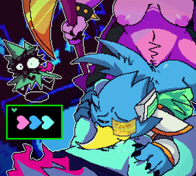 anal anthro armor fellatio heart_symbol herm holding_object holding_weapon intersex intersex/male jumping male male/male oral penile sex spitroast visor weapon salamikii deltarune undertale_(series) berdly kris_dreemurr ralsei susie_(deltarune) avian bovid caprine goat human humanoid mammal reptile scalie animated colored digital_media_(artwork) pixel_(artwork) pixel_animation