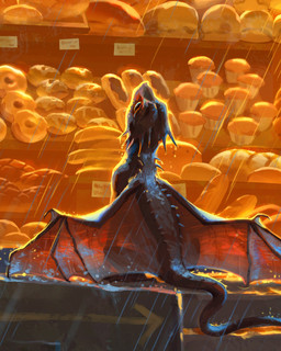 ambiguous_gender bakery black_body black_scales claws dessert doughnut feral food membrane_(anatomy) membranous_wings on_ground pastry raining red_wings scales sitting solo tail wing_claws wings tamberella european_mythology mythology dragon mythological_creature mythological_scalie scalie western_dragon 2021 4:5 hi_res