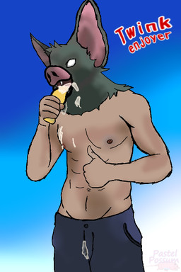 anthro clothed clothing food food_fetish male male_anthro solo topless topless_anthro topless_male pastelpossum dispatch sonar_(dispatch) bat mammal 2:3