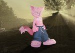 anthro big_tail black_nose bottomwear clothed clothing fartman_(pleskoslez) footwear fur male pants pink_body pink_fur shirtless shirtless_male solo tail pleskoslez crocs domestic_cat felid feline felis humanoid mammal