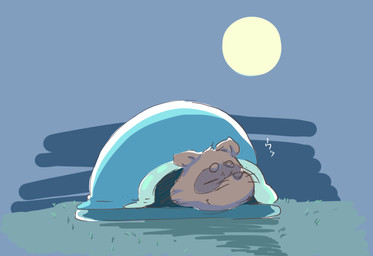 anthro bedding biped blanket brown_body eyes_closed kemono lying moon night outside sleeping solo 0ottotto0 canid canine mammal raccoon_dog tanuki 2015 hi_res