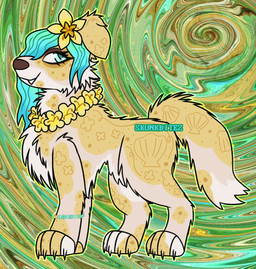 abstract_background accessory ambiguous_gender blue_eyes countershading eyelashes feral feral_with_hair floral_markings flower flower_in_hair flower_necklace freckles glistening glistening_eyes green_background hair hair_accessory lei markings plant shell simple_background smile solo sparklefur summer text username skunkbitez canid canine canis domestic_dog mammal 2026 english_text hi_res watermark