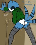 anthro beak bodily_fluids bottomless butt clothed clothing desperation dialogue drooling genital_fluids hoodie implied_penis leaning_on_wall male male_peeing omorashi pee_desperation peeing relieved saliva shaking solo standing sweat topwear urine illegaleel cartoon_network regular_show mordecai_(regular_show) avian bird blue_jay corvid jay_(bird) new_world_jay oscine passerine 4:5 absurd_res hi_res