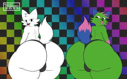 anthro big_butt black_clothing black_eyes black_nose black_underwear blue_body blue_fur blush bulge butt butt_focus checkered checkered_background clothed clothing dipstick_tail duo femboy fur green_body green_fur huge_butt looking_at_viewer looking_back male male/male markings open_mouth pattern_background presenting presenting_hindquarters raised_tail rear_view seductive simple_background smile tail tail_markings teeth thick_thighs thong tongue tongue_out topless underwear white_body white_fur wide_hips wolfe_fubuki kevin_(nyanwolf) silly_cat_(mauzymice) domestic_cat felid feline felis mammal absurd_res digital_media_(artwork) hi_res