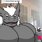 anthro big_muscles eyes_closed grey_body hair male muscular open_mouth pecs smile solo text white_hair kaze3481_(artist) cover_them_up_slut mythology grauchen_(character) dragon mythological_creature mythological_scalie scalie english_text hi_res meme