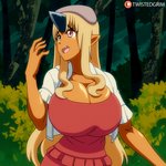 5_fingers big_breasts blonde_hair breasts clothed clothing female fingers flashing hair horn huge_breasts humanoid_pointy_ears long_hair monster_girl_(genre) not_furry solo twistedgrim monster_musume tionishia_(monster_musume) horned_humanoid humanoid ogre 2020 2d_animation animated frame_by_frame short_playtime