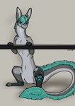 4_toes ambiguous_gender back_mane claws digitigrade featureless_crotch feet fluffy_mane fur hair long_body long_ears long_neck long_tail looking_at_viewer mane nude pawpads paws quadruped simple_background sitting sitting_on_ground smile solo tail tail_tuft teal_mane toes tuft toddavali asher_sterling amphimorpho digital_media_(artwork) hi_res maleherm_(lore)