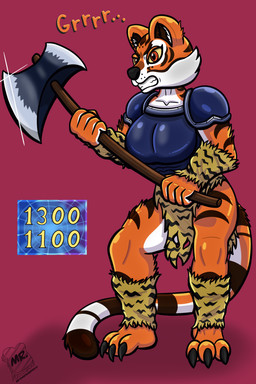 angry anthro armor axe battle_axe black_nose bottomwear breastplate breasts brown_body brown_fur claws clenched_teeth clothing female fighting_pose fur growling holding_object holding_weapon humor inner_ear_fluff leg_warmers legwear loincloth melee_weapon multicolored_body multicolored_fur orange_body orange_eyes orange_fur pose shoulder_pads simple_background solo sound_effects stat_display striped_body striped_fur stripes tail teeth text thick_thighs torn_clothing tuft unconvincing_armor warrior weapon white_body white_fur wraps wrist_wraps yellow_sclera mrtoastsandwich dreamworks konami kung_fu_panda yu-gi-oh! master_tigress tiger_axe_(yu-gi-oh!) duel_monster felid mammal pantherine tiger 2:3 absurd_res crossover digital_media_(artwork) english_text hi_res signature