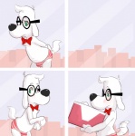 2016 anthro bow_(feature) bow_tie canid canine canis clothed clothing collar comic digital_media_(artwork) domestic_dog eyewear fur gift green_eyes jay_ward_productions male mammal mr._peabody mr._peabody_and_sherman panties seth-iova sniffing solo text tumblr underwear white_body white_fur