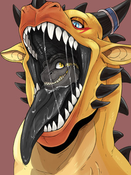 almost_fully_inside black_body black_horn black_insides black_scales black_spikes black_tongue blue_eyes bodily_fluids brown_background cheek_spikes dipstick_nose duo facial_spikes feral front_view glistening glistening_eyes grey_body grey_tongue grin happy head_in_mouth horn horn_jewelry horn_ring in_mouth in_throat jewelry looking_up male mouth_shot narrowed_eyes open_mouth oral_head_gulp oral_vore orange_body partially_inside pupils ring_(jewelry) saliva saliva_on_chin saliva_on_tongue saliva_string scales sharp_teeth simple_background slit_pupils smile spikes spikes_(anatomy) swallowing teeth tongue tongue_out unsigned vore willing_prey yellow_body yellow_ears yellow_eyes swampjaws mythology cyrakhis dragon mythological_creature mythological_scalie scalie 3:4 absurd_res bust_portrait digital_media_(artwork) hi_res portrait