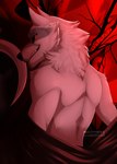 anthro back_muscles black_nose black_sclera clothed clothing fur grin looking_at_viewer looking_back looking_back_at_viewer male red_eyes sickle smile solo teeth topless topless_anthro topless_male white_body white_fur yoko_darkpaw dreamworks puss_in_boots_(franchise) death_(puss_in_boots) canid canine canis mammal wolf 2023 hi_res