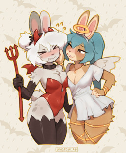 >_< angel_costume anthro biped blue_hair blush bracelet breasts brown_body brown_fur choker cleavage clothed clothed_anthro clothed_female clothing costume devil_costume double_bun dress duo eyes_closed fake_horns fake_wings female female/female fingers fur hair halo hand_on_cheek jewelry leotard necklace ponytail smile sweatdrop_(iconography) tail white_body white_fur white_hair white_tail waspsalad slushie_(waspsalad) vivi_(waspsalad) lagomorph leporid mammal rabbit 2025 digital_drawing_(artwork) digital_media_(artwork) hi_res