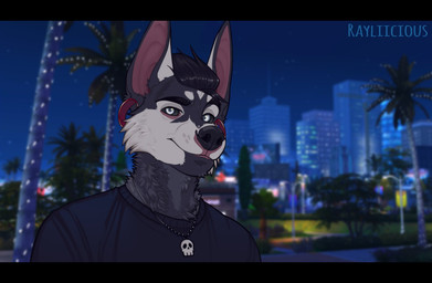 anthro black_clothing black_hair black_nose black_sclera black_topwear cheek_tuft closed_smile clothed clothing ear_piercing facial_piercing facial_tuft front_view fur furgonomic_piercing furgonomics gauged_ear glistening glistening_eyes glistening_hair grey_body grey_eyes grey_fur hair jewelry looking_at_viewer male mouth_closed muzzle_piercing neck_tuft necklace nose_piercing piercing red_inner_ear screencap screencap_background slight_smile smile solo text topwear tuft white_body white_ears white_fur rayliicious canid mammal artist_name bust_portrait letterbox portrait